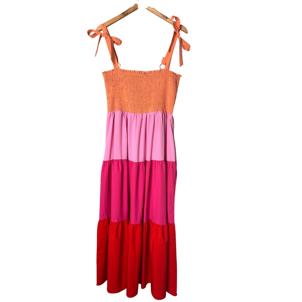 Periwinkle Collection Colorblock Smocked Maxi Dress Orange Pink Red Medium